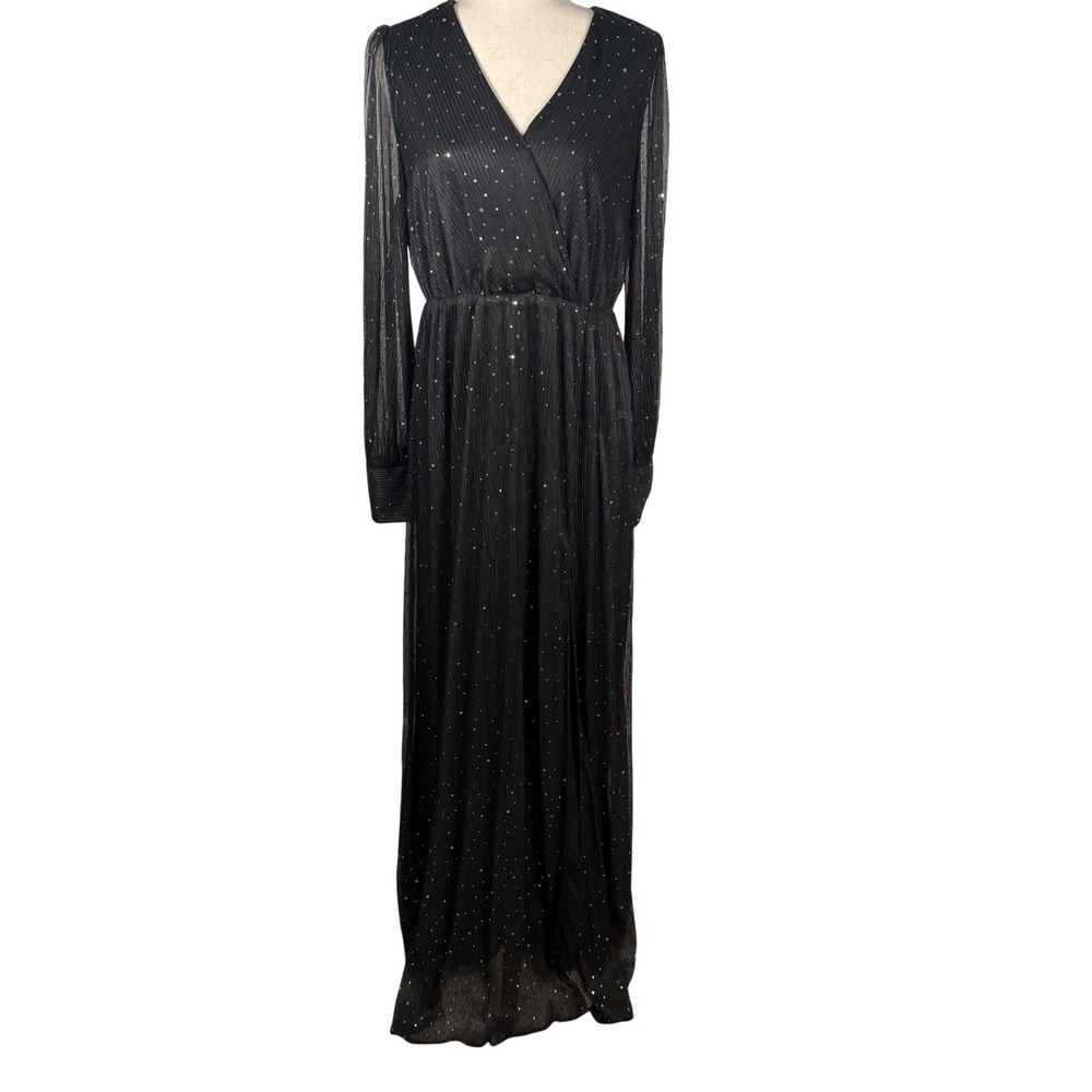 Baltic Born Maxi Dress Womens XL Black Gold Sequin Long Sleeve Plisse Wrap Dress